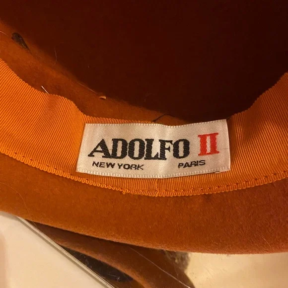 Adolfo Orange 💯 wool felt  Hat with Floral and Leaf Accents Derby style hat - Picture 8 of 12